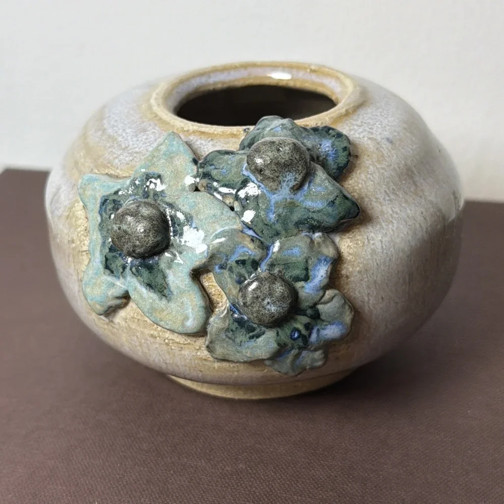 Handmade Studio Art Pottery Squat Vase Sculpted Applied Flowers Wabi Sabi Vessel